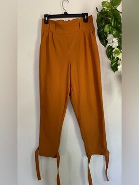 Grace Karin Caramel Pleated High Waist Ankle Tie Pants M Boho Chic